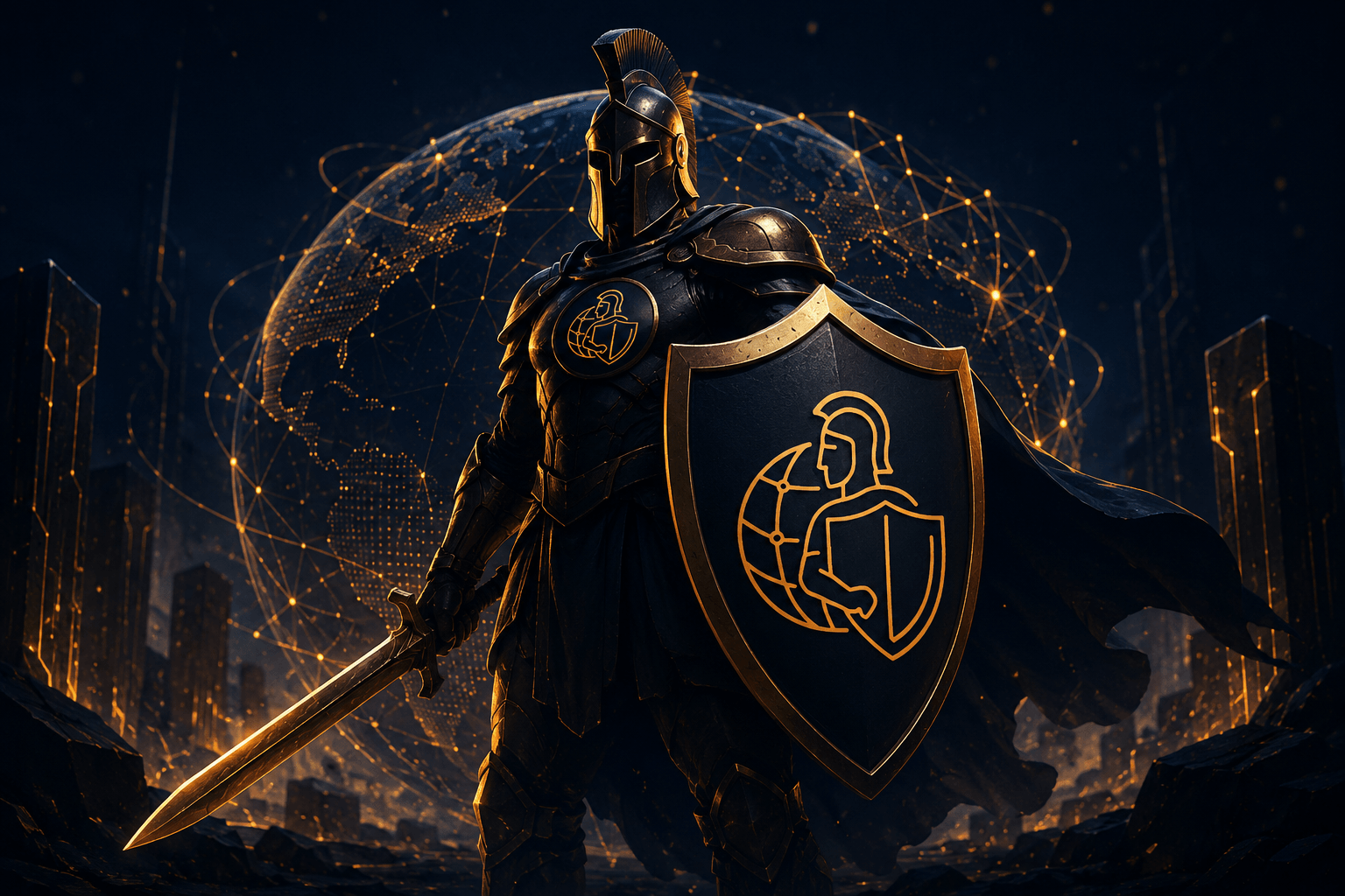 The CyboEntity Guardian, an armored titan with a golden sword and shield, awakening before a glowing digital globe.